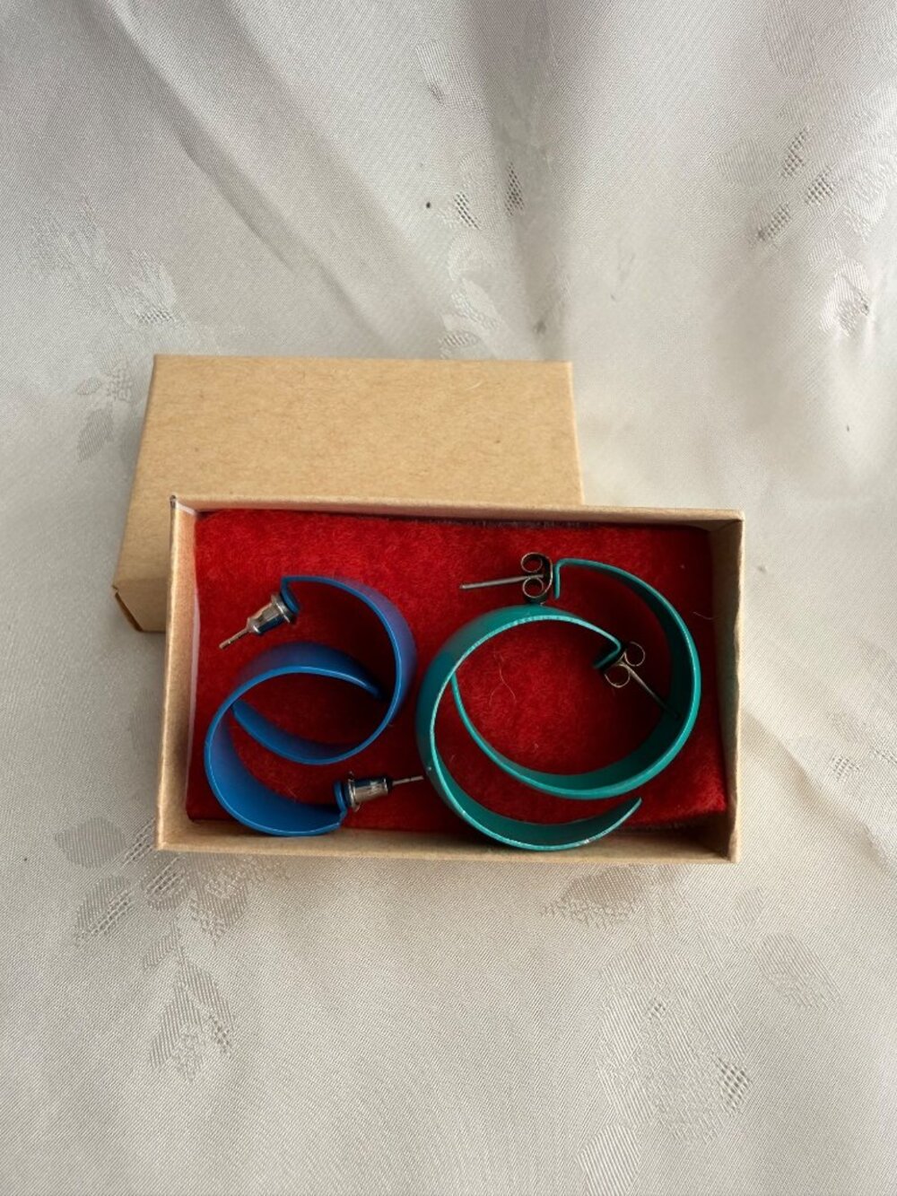 Vintage Bold Retro Semi-Hoop Earring Set - Teal 1" & Blue .75"